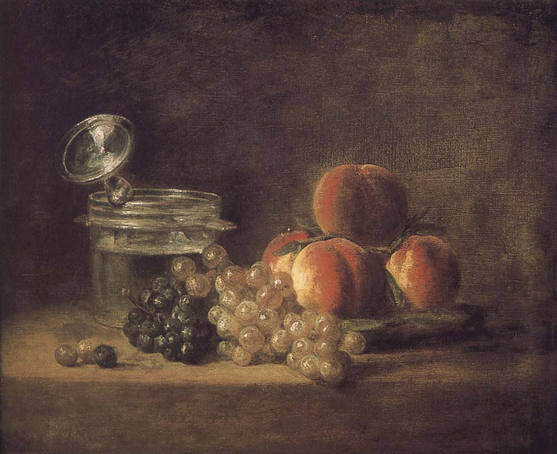 Jean Baptiste Simeon Chardin Cold peach fruit baskets with wine grapes